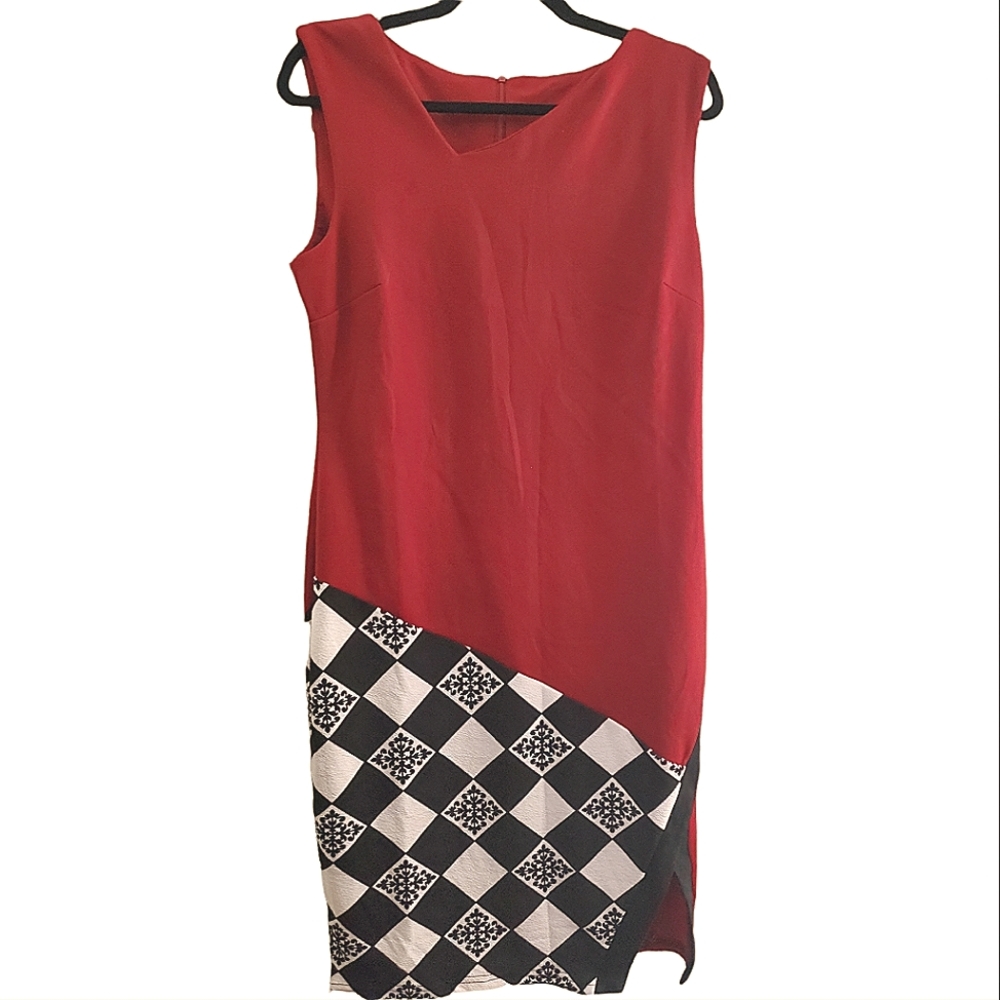 Red Black/White Asymetrical Checker Print Dress Size L